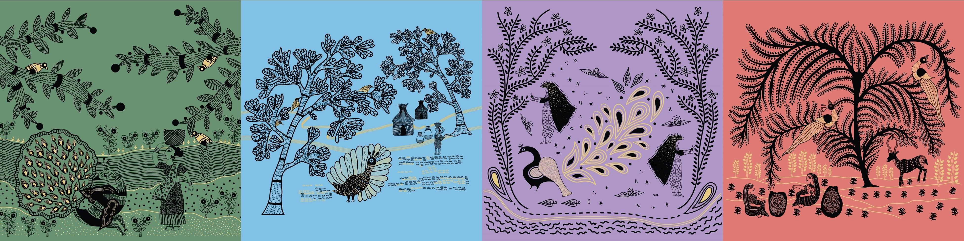 インドの伝統的な技法で描かれたアートを店内に展示。 左からマドゥバニ、ゴンド、マンダナ、マタニパチェディの各アートスタイル