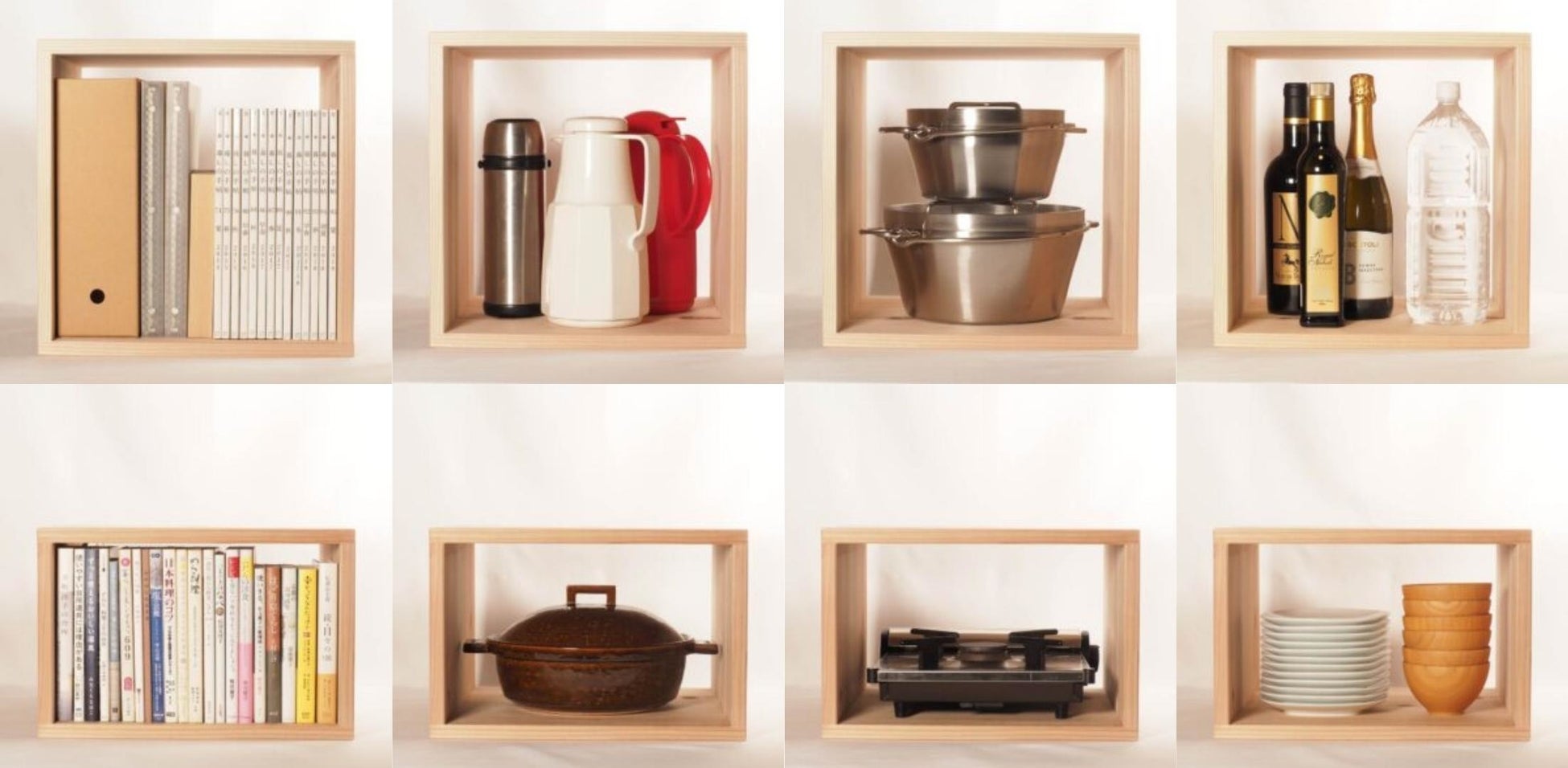 シンプルな木の枠だから、一つだけでも本棚やベンチとして使用可能