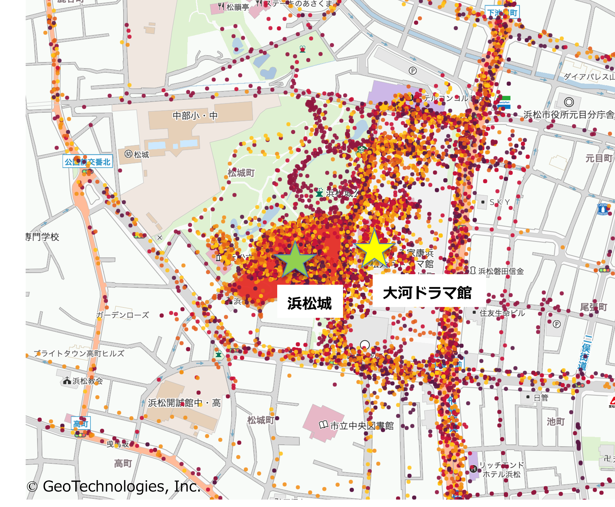 図1  2023年8月13日に対象エリアを訪れたユーザーの位置情報の可視化図