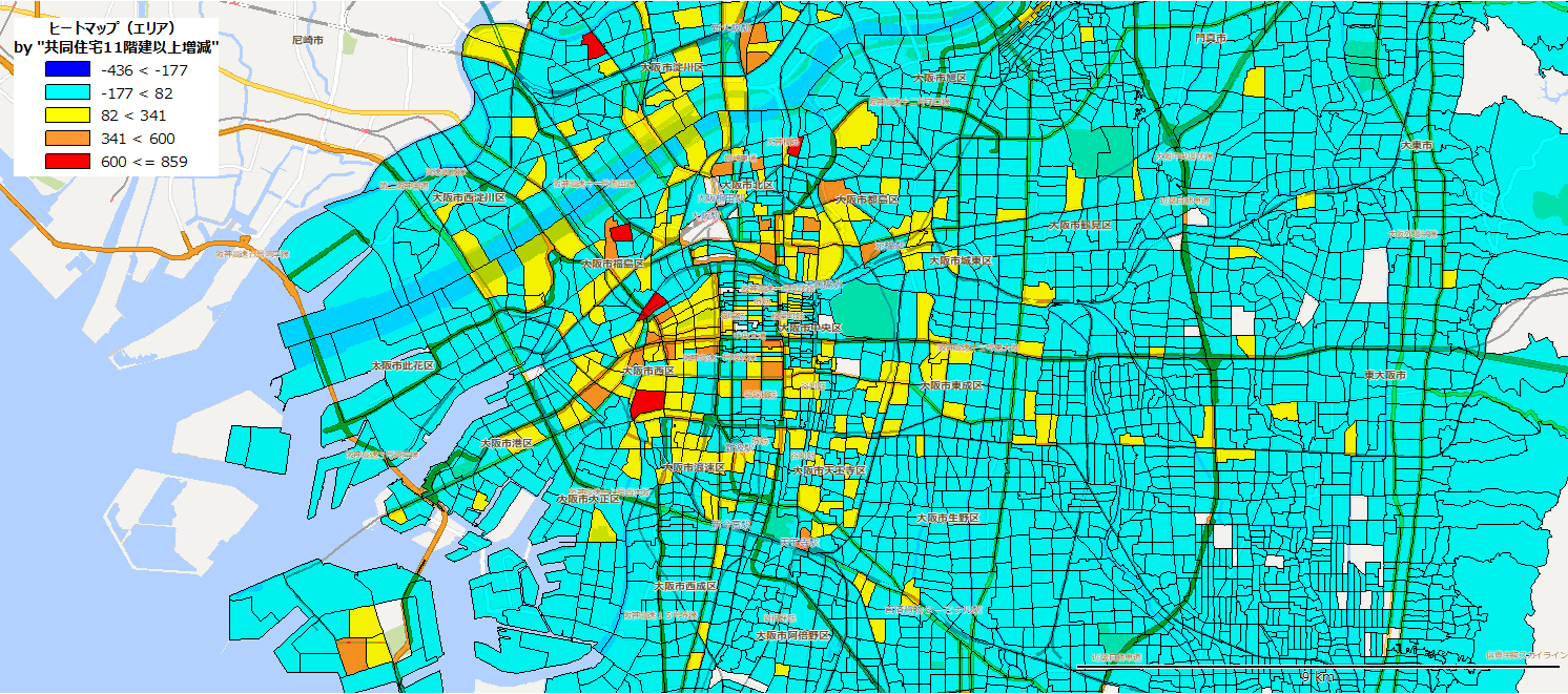 大阪中心部の共同住宅11階建以上比率増減マップ