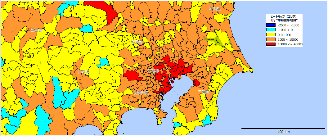 関東エリアの単身世帯増減マップ