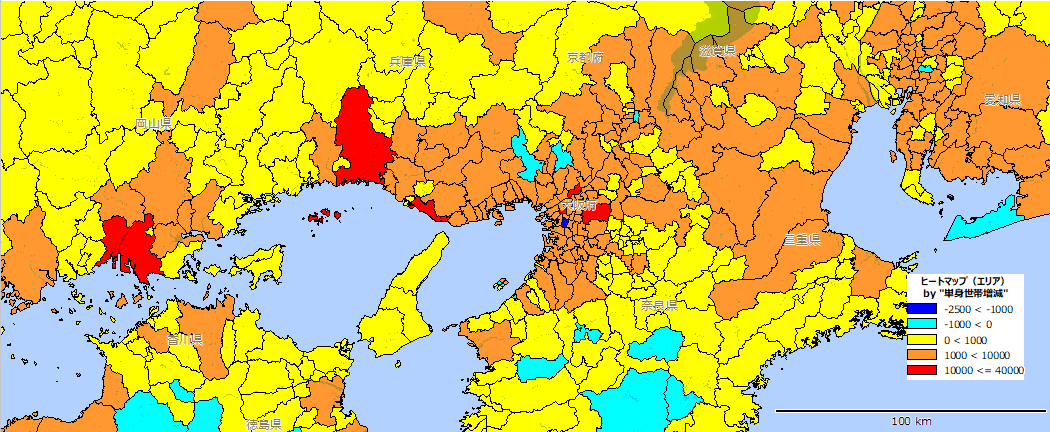 関西エリアの単身世帯増減マップ