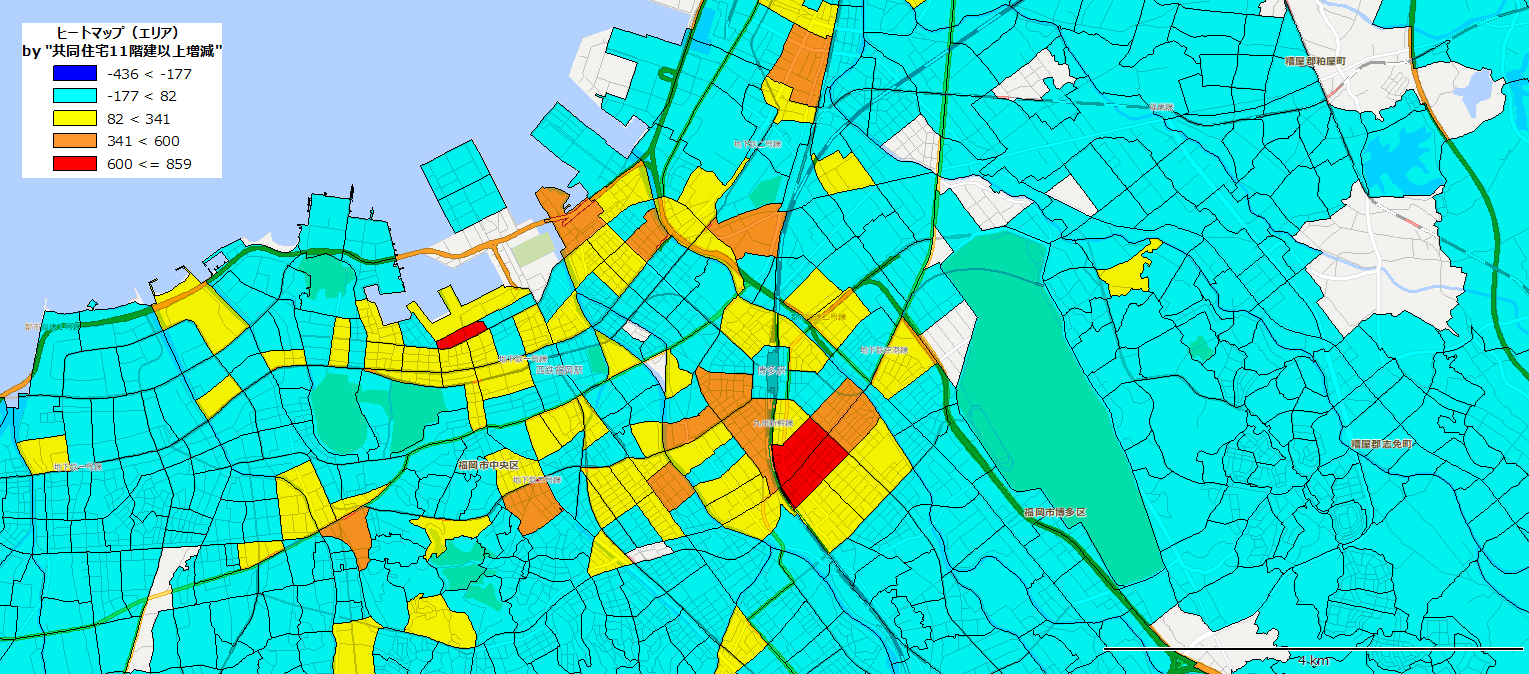 福岡中心部の共同住宅11階建以上比率増減マップ