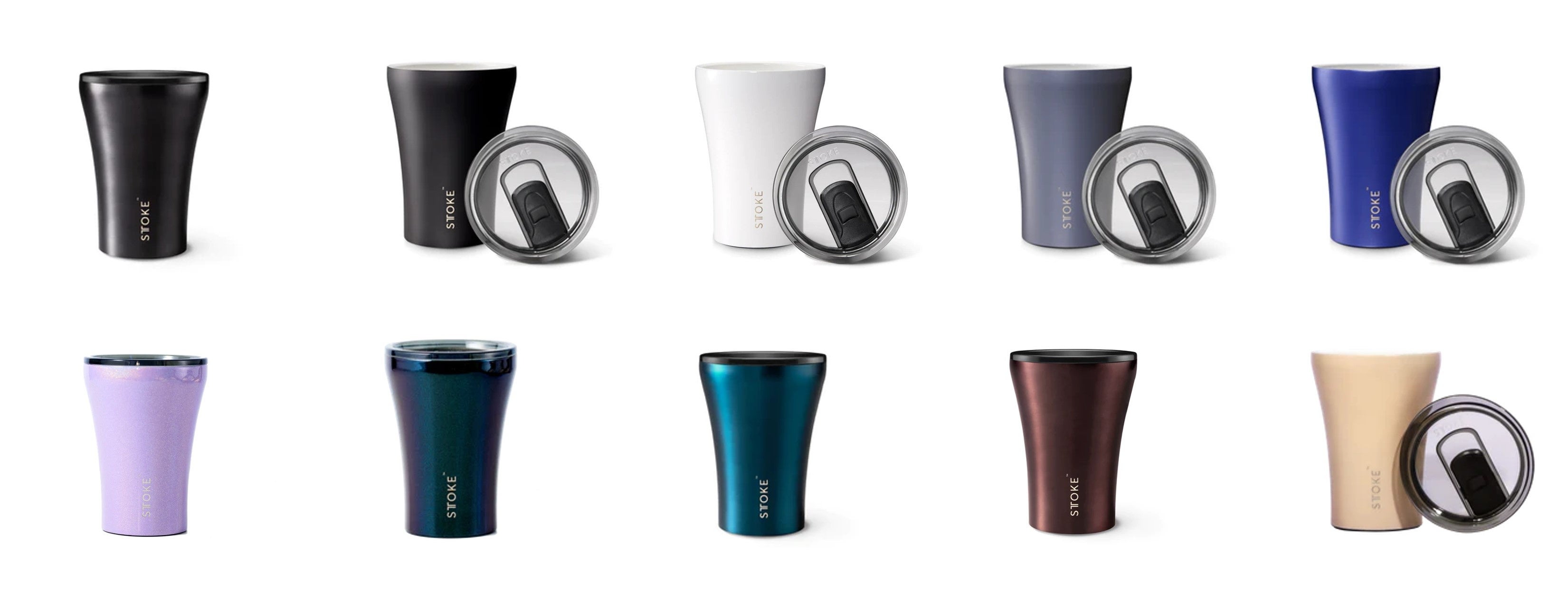 STTOKE Sサイズ（左上から　ミッドナイトブラック、リュクスブラック、エンジェルホワイト、スレートグレー、マグネティックブルー、ユニコーンパープル、コズミックグリーン、スティールブルー、ラストブラウン、アイボリーチャイ）※蓋は全カラーに付属しています。