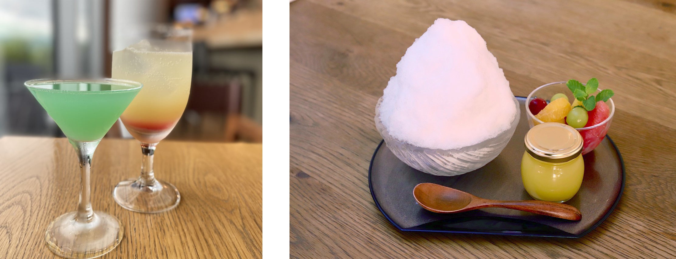 左：8F AuRA ノンアルコールカクテル 右：1F  ハンバールかき氷