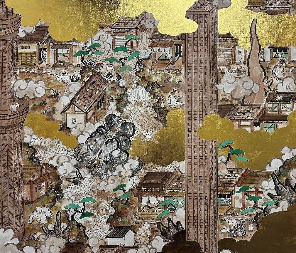 「A day in Tokyo２」&nbsp; 墨、金箔、顔料、膠、柿渋、インク、アクリル、和紙、パネル&nbsp; &nbsp; &nbsp; &nbsp; 91×106cm