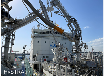 【タンカーと接続中の鋼管型液化水素用ローディングアーム】