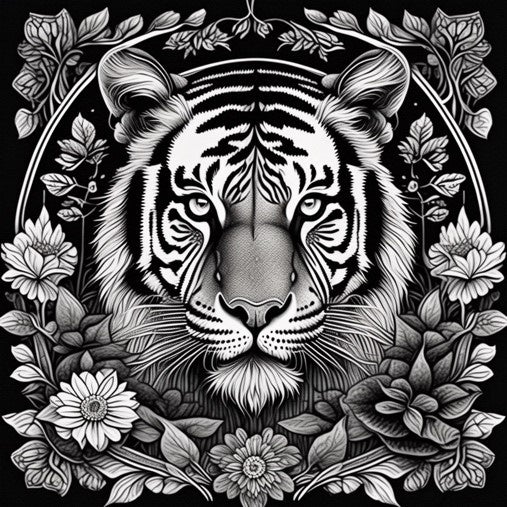 Prompt - Immersive, captivating, grayscale coloring, featuring a tiger in the tranquil mandala forest. (後略）