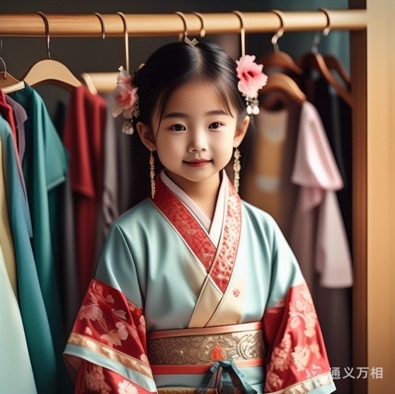 Prompt - A six-year-old girl beautiful and exquisite Chinese-style Hanfu is displayed in front of a clothes rack.(後略)
