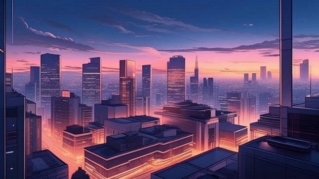Prompt - Picture a cityscape at twilight, a world merging modern architecture with the evocative aesthetics of anime.