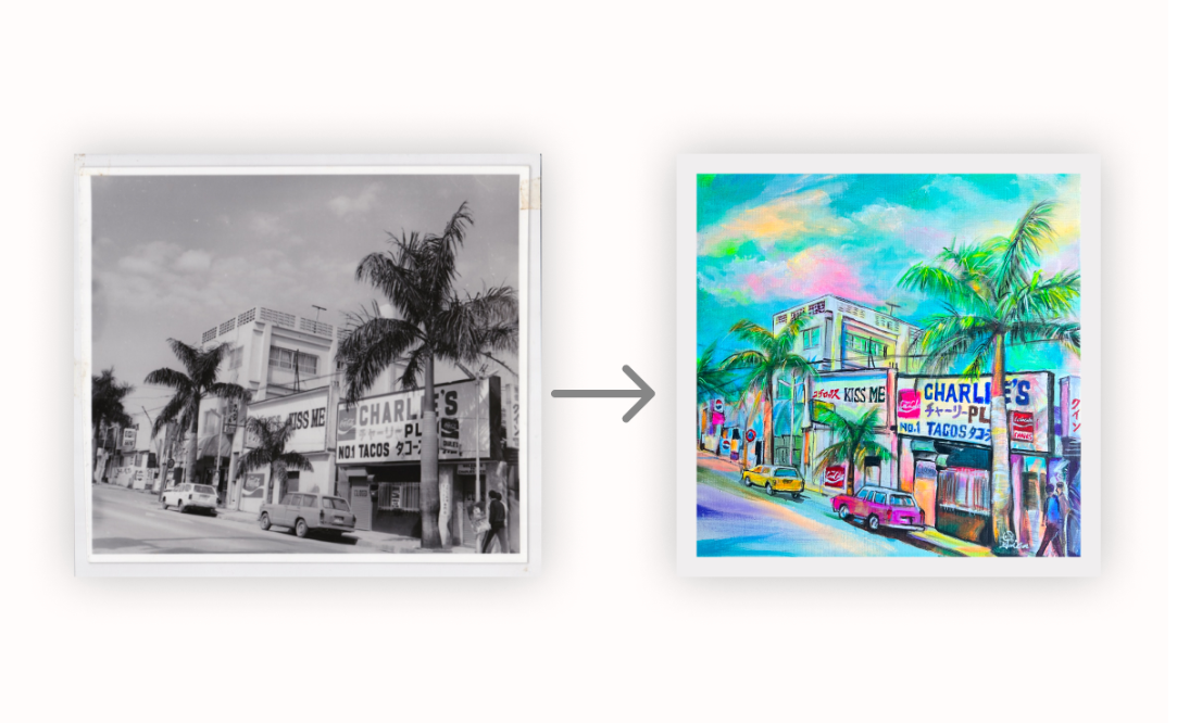 （左）1960年代に撮影されたチャーリータコスの白黒写真／（右）ARISA CHINEN氏によってカラー化されたチャーリータコスのイラスト