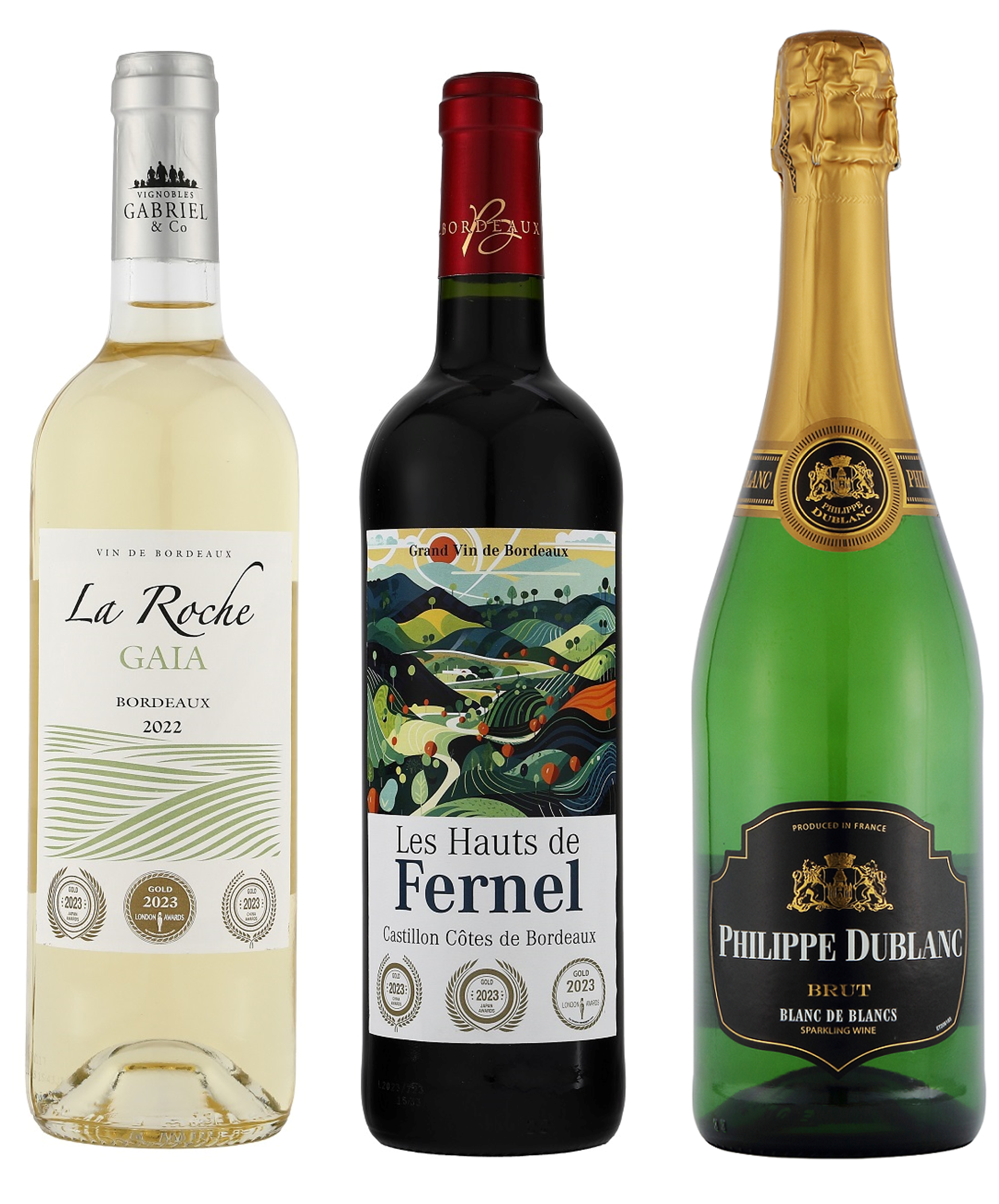 ▲初回は王道のボルドーワインを中心とした、金賞受賞の12本をご用意。 （左から、「ラ　ロッシュ　ガイア」「レ オー ドゥ フェルネル」「フィリップ　デュブラン」）