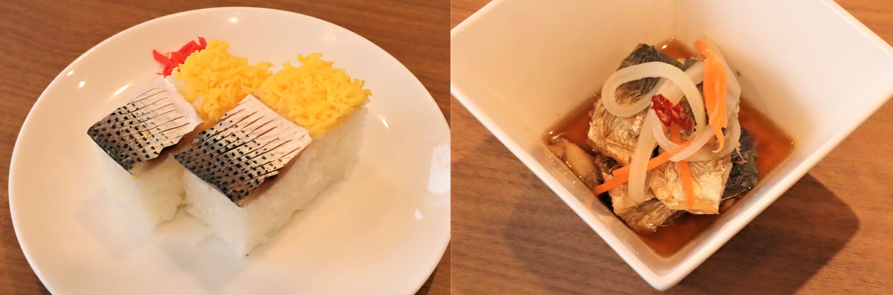 販売メニュー（左：カンカン寿司、アジの三杯）