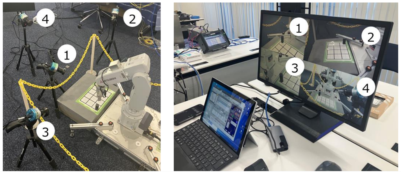ロボットアームとカメラ　　　　　　　　　　　　ロボット制御用パソコンと遠隔操作用モニタ
