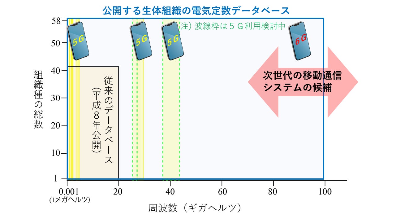 図1:今回公開する世界最大規模の「生体組織の電気定数データベース」(青色枠内)。周波数に応じた比誘電率・誘電損・電気伝導率のリスト(CSVファイル)をダウンロードできる。