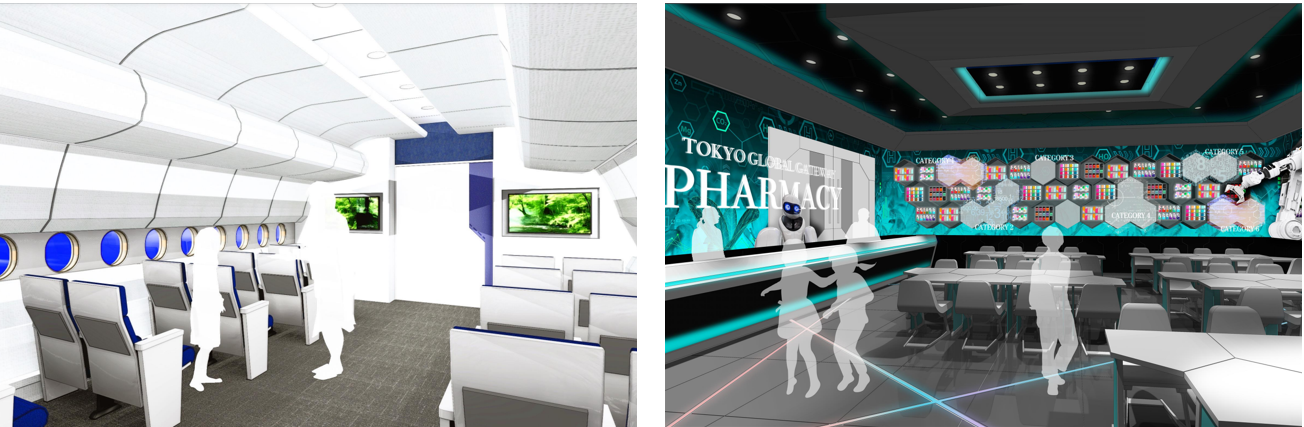エアプレインの機内（イメージ）／ファーマシーのデジタル演出（イメージ）