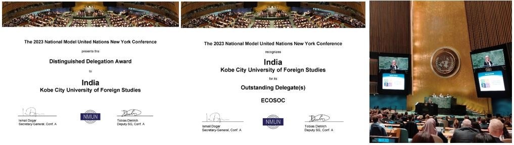 左から「Distinguished Delegation Award」「Outstanding Delegates Award」の賞状、Zenuk-Nishide教授のスピーチ