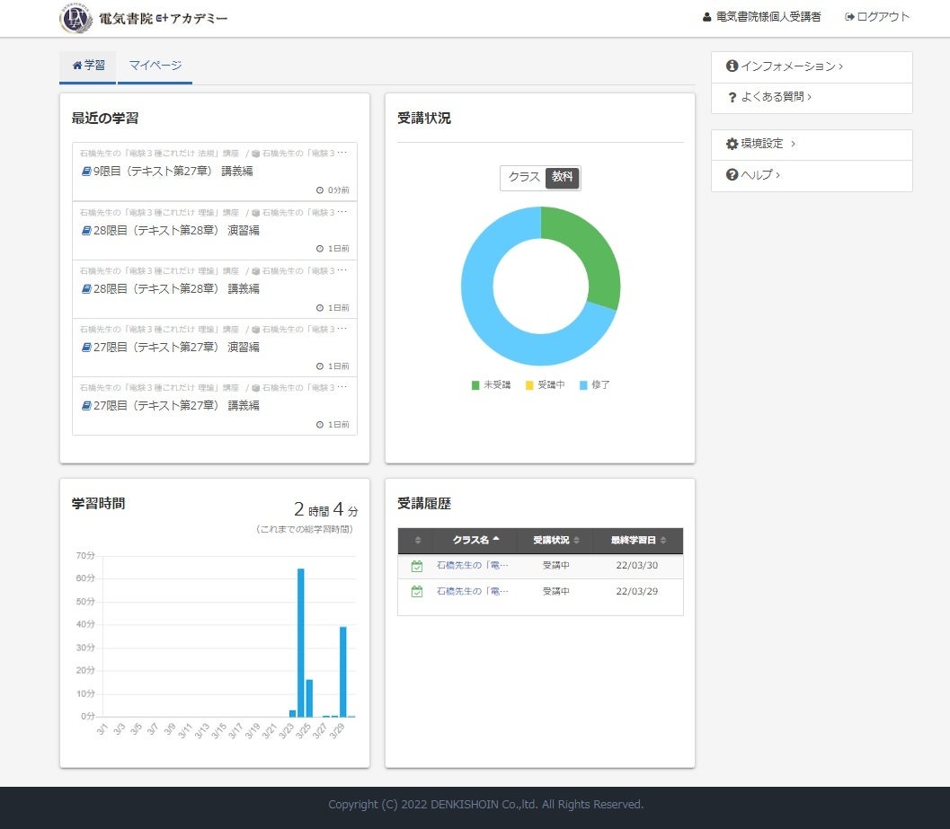 電気書院E+アカデミーのマイページ画面