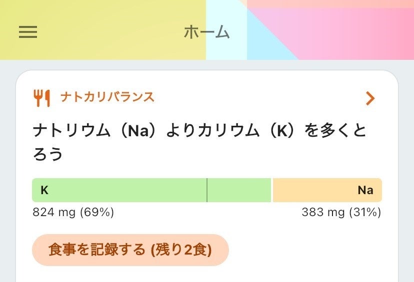 ナトリウムとカリウムのバランスが見える化されたアプリ画面