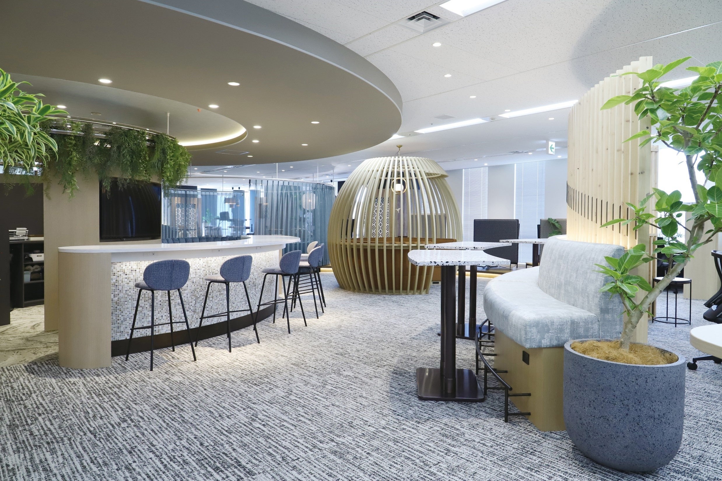 有機的なデザインと⾃然素材を取り⼊れたBarスペース