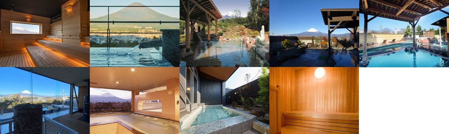 (左から順に) 木の花の湯、レンブラントプレミアム富士御殿場、御胎内温泉健康センター、富士八景の湯、天然温泉 気楽坊(御殿場高原時之栖)、 源泉 茶目湯殿(御殿場高原時之栖)、オアシス御殿場、レンブラントスタイル御殿場駒門、レストイン時之栖