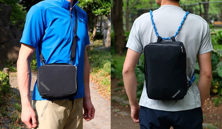 左：ストラップ（別売）をつけてショルダーバッグとして使用　右：細引きで簡易バッグとして使用