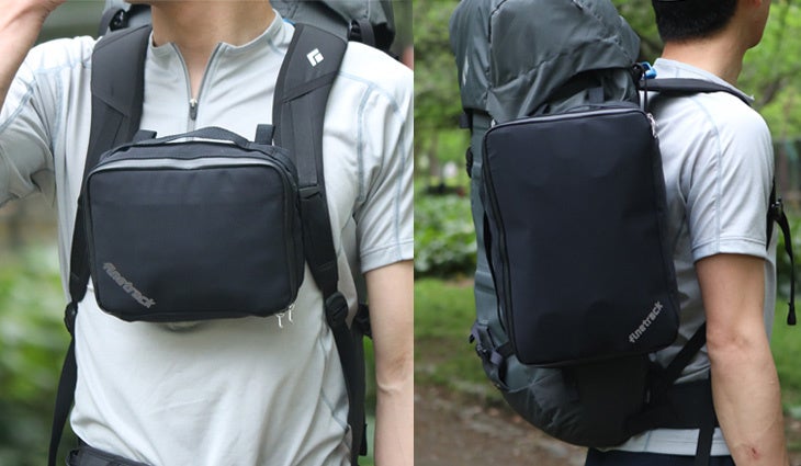 左：チェストハーネスにつけてフロントバッグに　右：バックパックにつけて拡張バッグとして