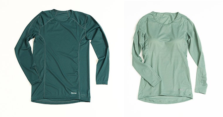 左）ドライレイヤー®ウォーム ロングスリーブ雪緑（ゆきみどり）色　右）ドライレイヤー®ウォーム ブラトップロングスリーブ霧緑（きりみどり）色