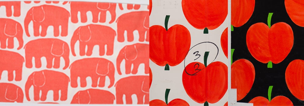 左　ライナ・コスケラ作「エレファンティ（象）」寝具用生地 （１９６９年／タンペレ歴史博物館所蔵）　右　アイニ・ヴァーリ作「オンップ（リンゴ）」原画 （１９７２年／フォルッサ博物館所蔵）