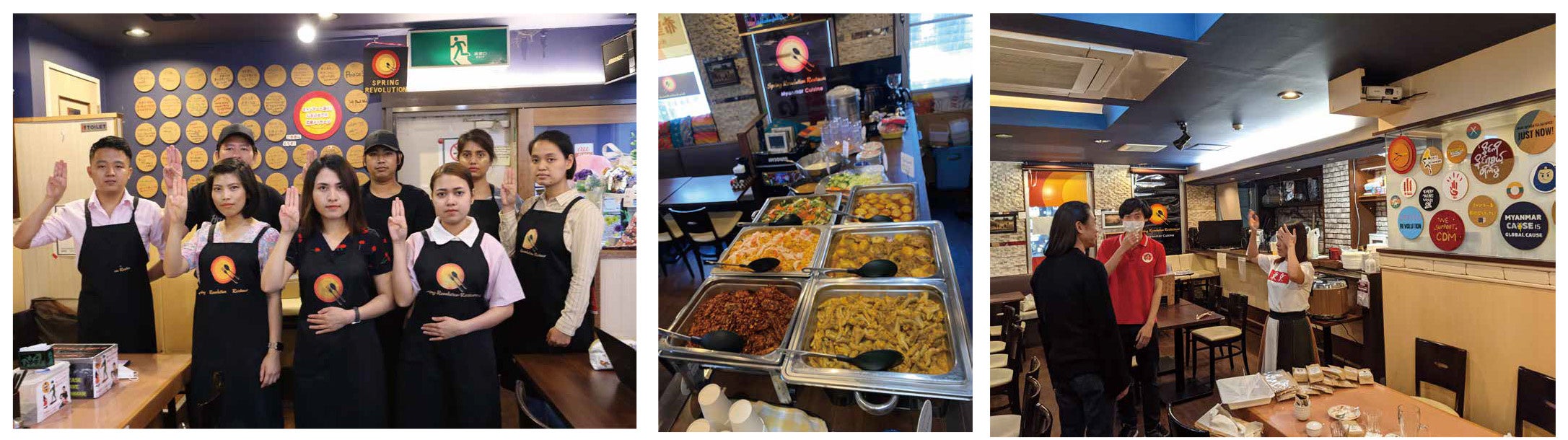 SRRのスタッフと店内。ランチタイム（11時〜15時）はミャンマー料理のブッフェ。 夜はアラカルトで注文。お酒も提供しています。