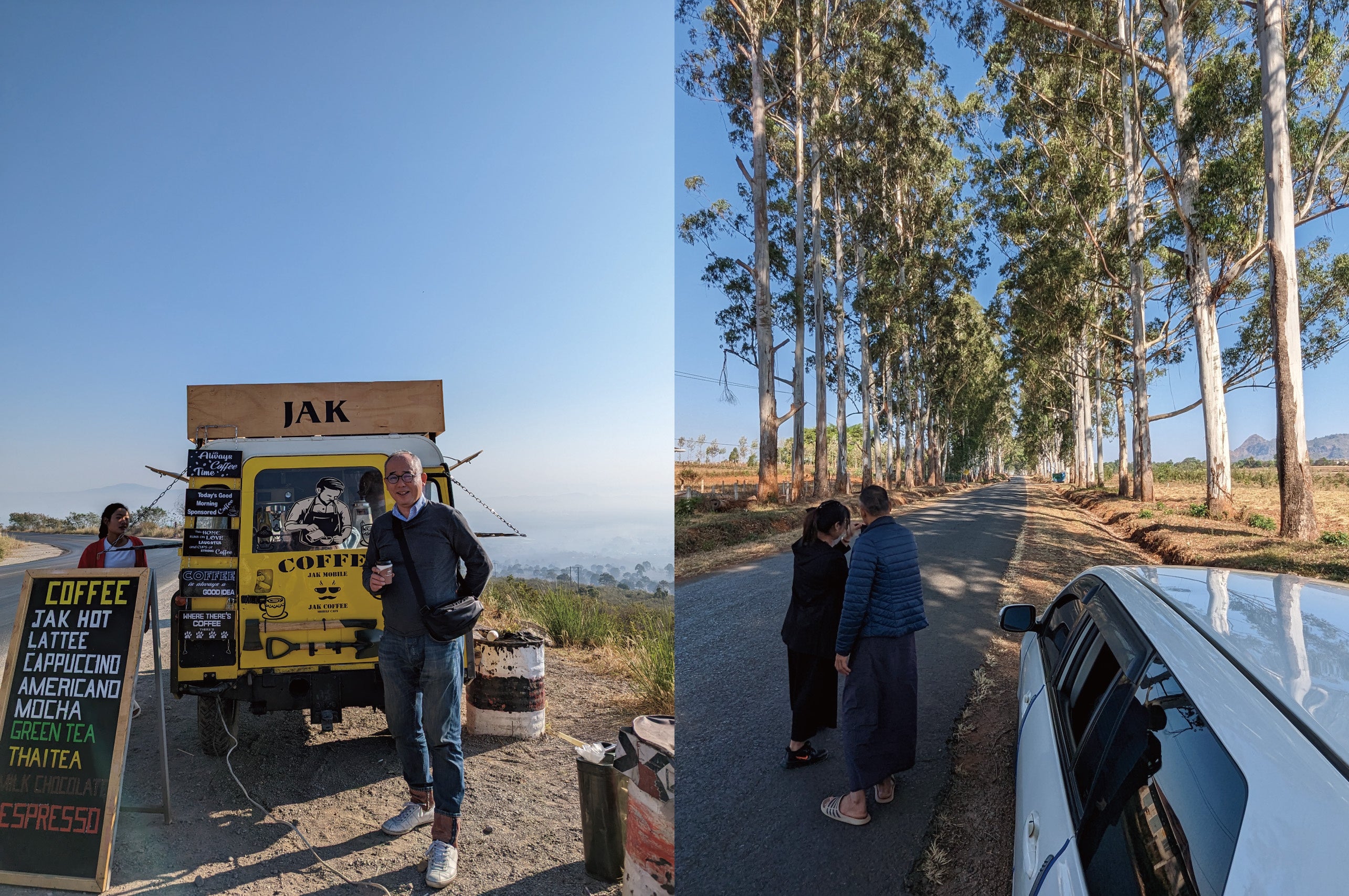 カローの近くの峠に止まっていたコーヒーカーとユワンガンに続く街道の街路樹