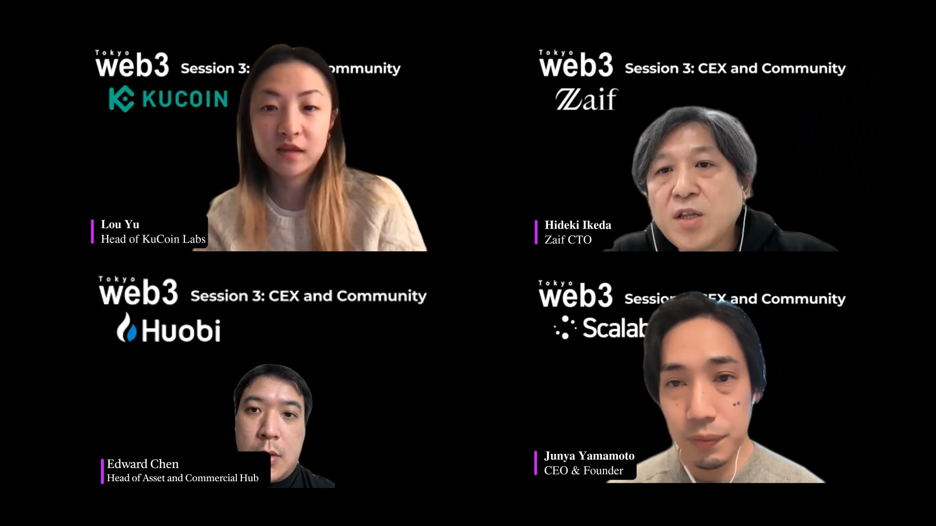 (写真 上段左から - KuCoin Lou Yu、Zaif 池田英樹、Huobi Edward Chen、Scalably 山本純矢)